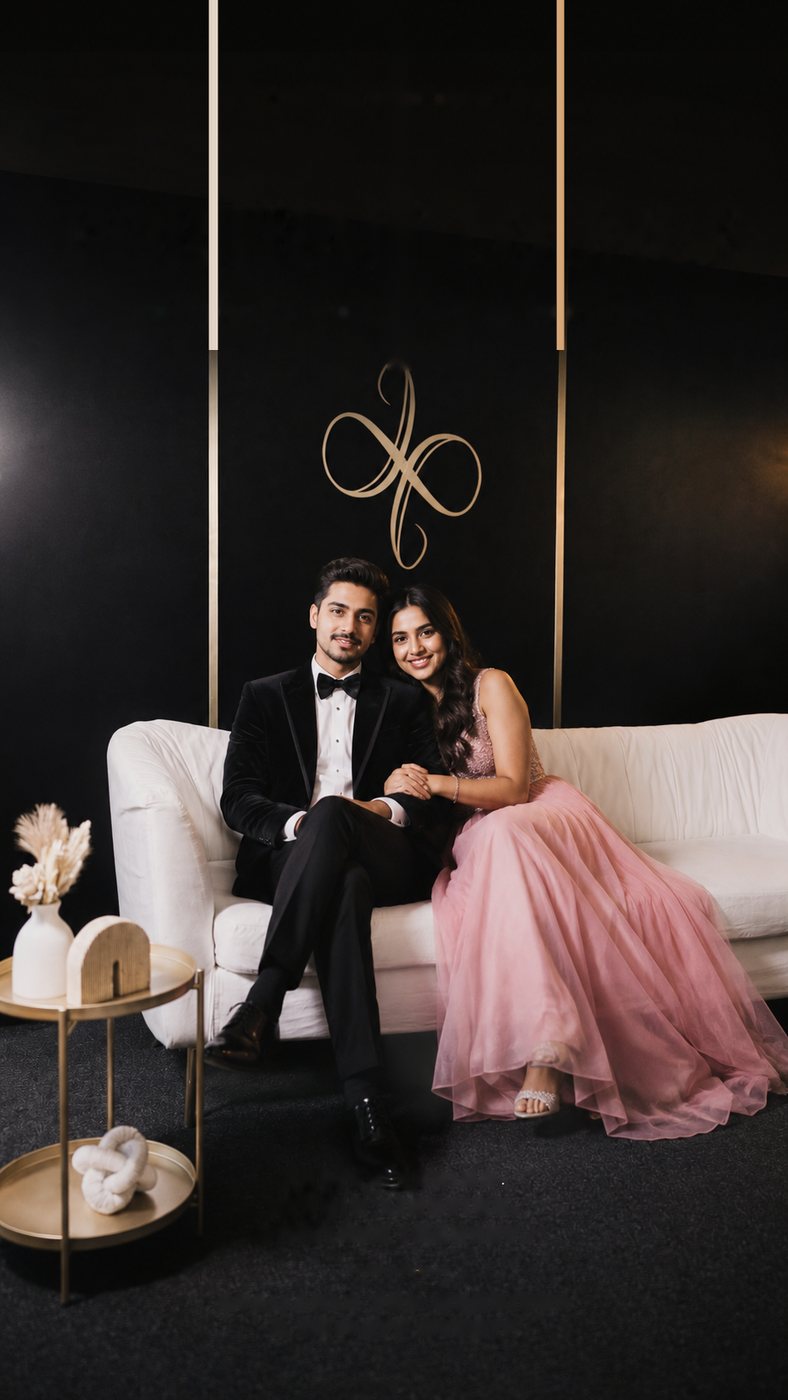 Couple in black tie and a pink gown posing on the white sofa of the Portrait Lounge set