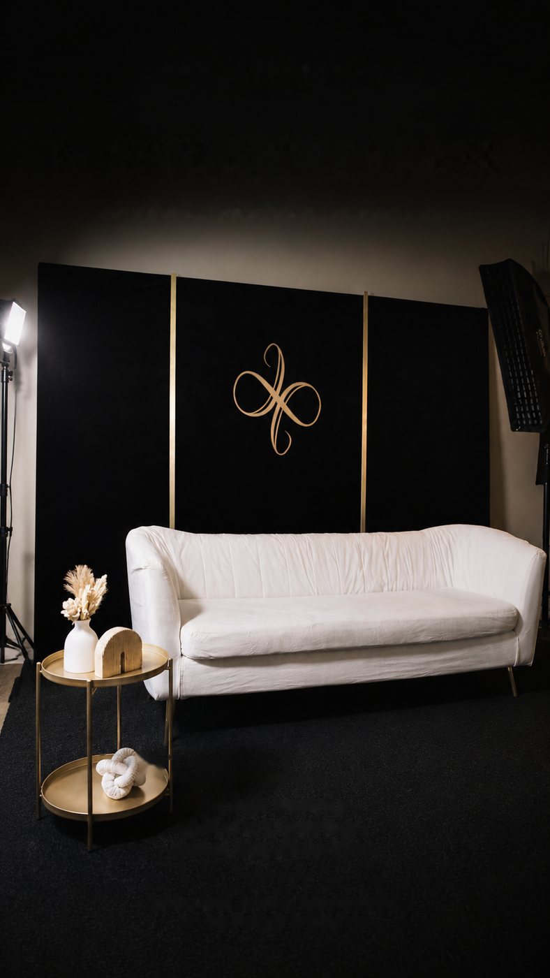 The custom black-and-gold Portrait Lounge set with a white lounge sofa