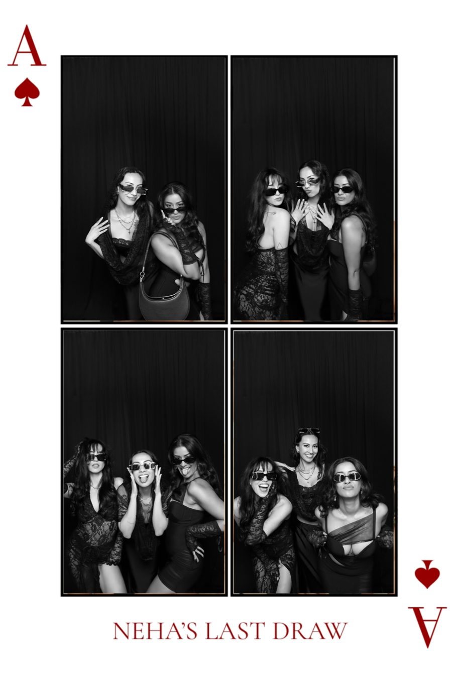 Black-and-white Glam Booth 4x6 print in a custom Ace of Spades playing-card template